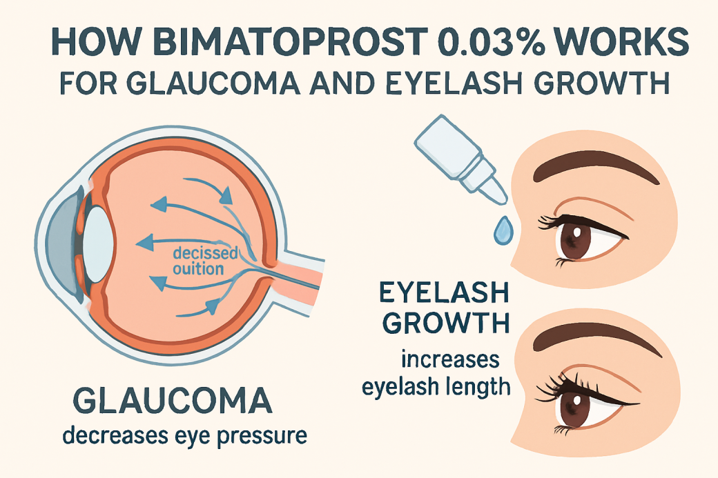 Infographic showing how Bimatoprost 0.03% works for glaucoma treatment by lowering eye pressure and promoting eyelash growth