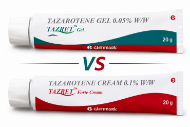 Tazret Gel vs Tazret Cream comparison image showing Tazret Gel 0.05% and Tazret Cream 0.1% tubes