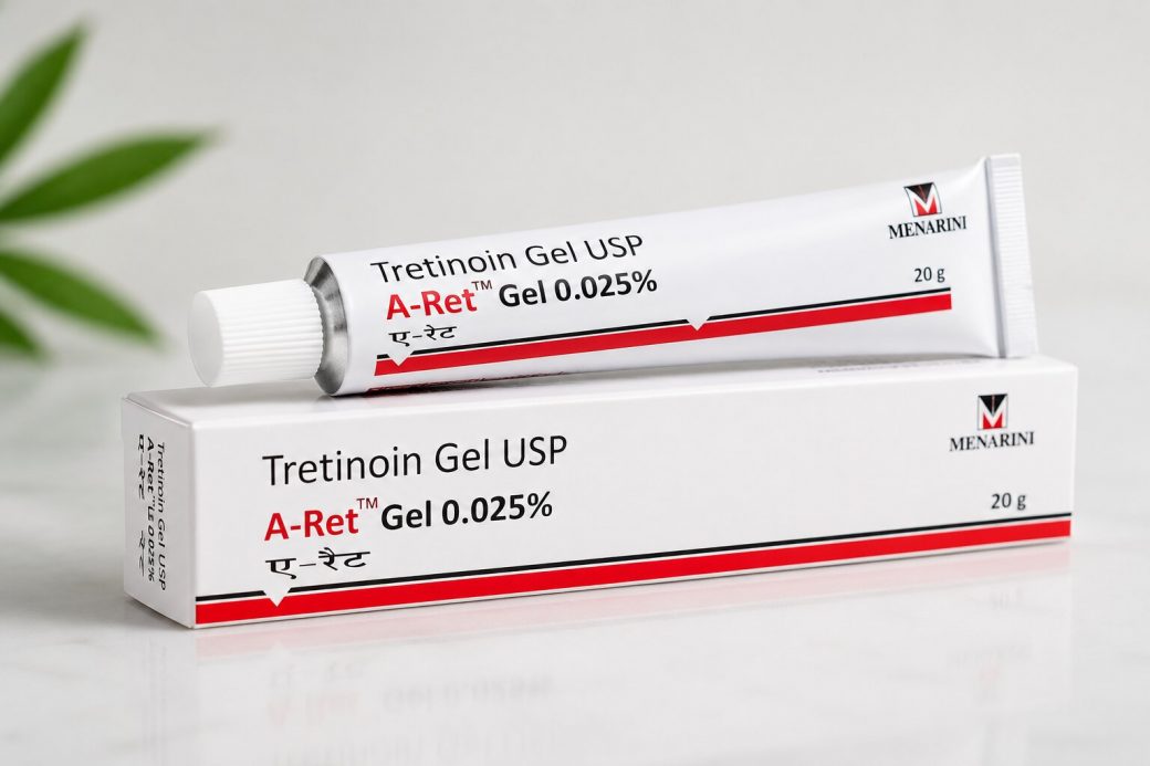 A Ret Gel 0.025% Tretinoin Gel tube and box placed on a clean white background with soft lighting for skincare and acne treatment concept.