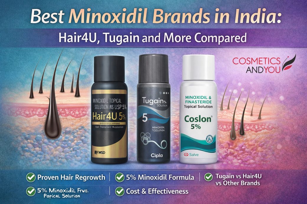 Best Minoxidil brands in India comparison showing Hair4U, Tugain, and other minoxidil solutions for hair regrowth